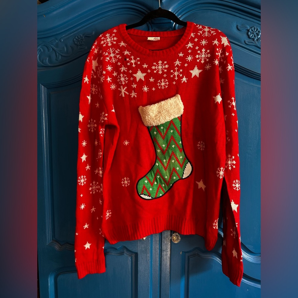 Holiday Red Sweater with Festive Stocking